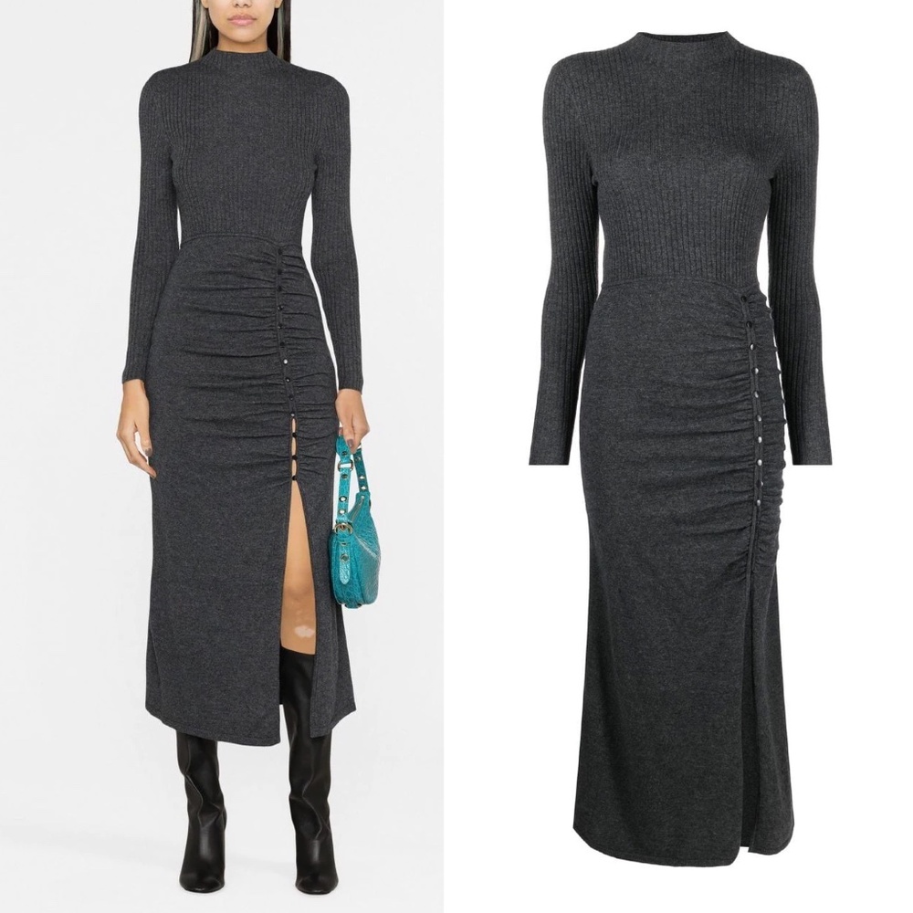 Sandro fabre ruched wool blend midi leg slit dress